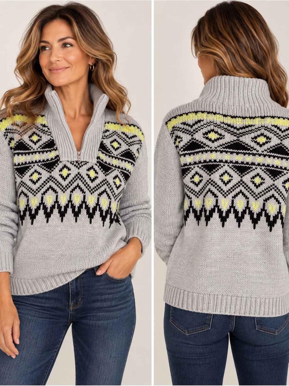 Forever 21 Fair Isle Quarter Zip Sweater Gray Black Yellow Cozy Knit